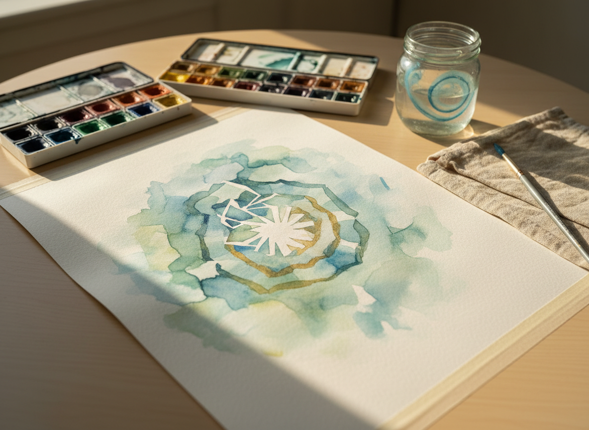 A close-up photographic scene of a watercolor trauma recovery artwork in progress on a large, slightly wrinkled sheet of cold-pressed paper taped to a light wooden table. Gentle, abstract shapes in soft blues, greens, and muted golds blend together, with a central broken geometric form gradually transforming into a subtle kaleidoscope pattern. Around the paper lie open watercolor pans, a water jar with faint pigment swirls, and two fine brushes resting on a linen cloth. Warm afternoon light from a nearby window creates delicate highlights on the wet paint and soft shadows along the paper’s edges. Shot from a slightly angled top-down perspective with shallow depth of field, the atmosphere is reflective, hopeful, and creatively therapeutic.