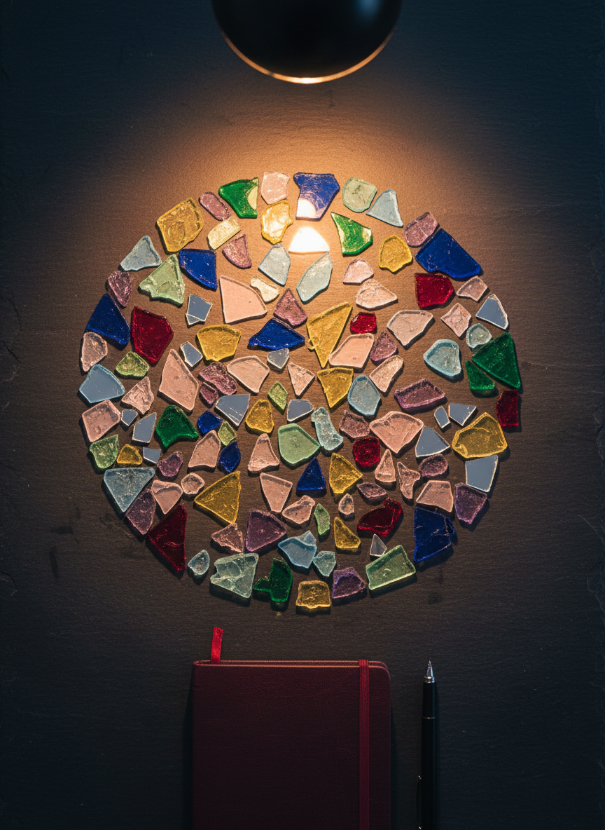 A symbolic “kaleidoscope of lived experience” is depicted through meticulously arranged translucent colored glass fragments and small mirrors laid out in a circular pattern on a dark slate surface. The pieces range from soft pastels to deep jewel tones, some slightly chipped yet glowing where they catch the light. A simple, closed notebook with a bookmark ribbon touches one edge of the circle, while a fine-tipped pen rests nearby. A single overhead pendant light casts focused, warm illumination, causing intricate reflections and refractions on the slate and glass, with the surroundings fading into gentle shadow. Photographic realism, shot from directly above, creating a contemplative, professional atmosphere that suggests complexity, resilience, and transformation in trauma recovery.