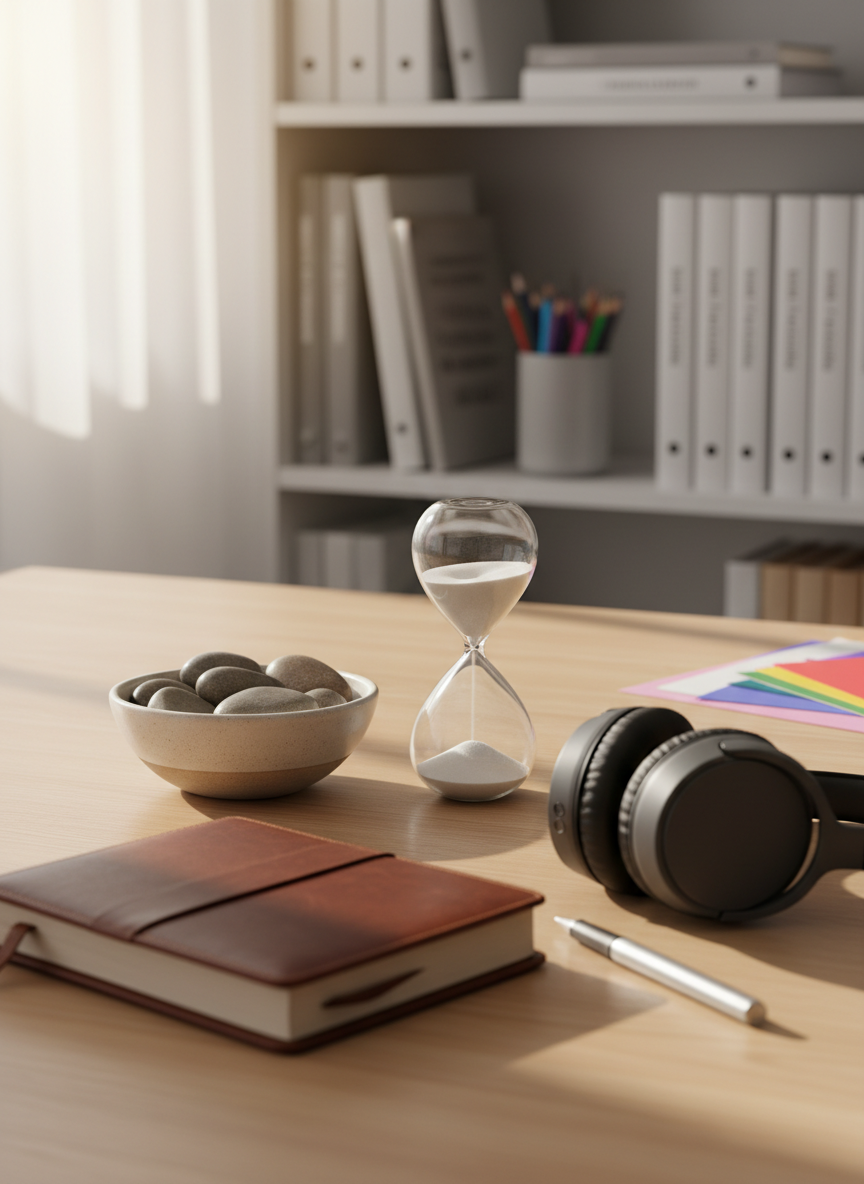 A carefully arranged collection of symbolic objects representing trauma recovery rests on a smooth oak table: a slightly worn leather-bound journal opened to a blank page, a pair of noise-cancelling headphones, a small ceramic bowl filled with polished river stones, and a delicate glass hourglass mid-flow. Behind them, a softly blurred bookshelf holds neatly ordered mental health books and folded art supplies. Gentle late-morning natural light filters through a nearby window, creating soft highlights on the glass and subtle shadows on the wood. Photographic realism, eye-level composition with a shallow depth of field, calm and contemplative atmosphere, clean and modern aesthetic that suggests reflection, safety, and hopeful healing.