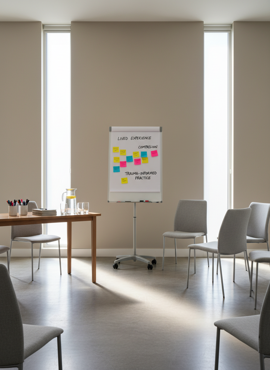 A professional workshop setting is represented without people by a semi-circle of empty, modern fabric chairs facing a large white flip chart on a stand. The flip chart shows bold, handwritten headings like “Lived Experience,” “Compassion,” and “Trauma-Informed Practice,” with colorful sticky notes neatly arranged around each word. On a nearby minimalist table sit neatly stacked notebooks, pens in a ceramic holder, and a glass jug of water with slices of lemon beside simple tumblers. Soft, even daylight from tall windows brightens the neutral-toned room, casting gentle, elongated shadows. Captured in photographic realism from a slightly elevated angle, with sharp focus and a balanced composition, the mood is welcoming, safe, and purposefully professional, ideal for mental health education.