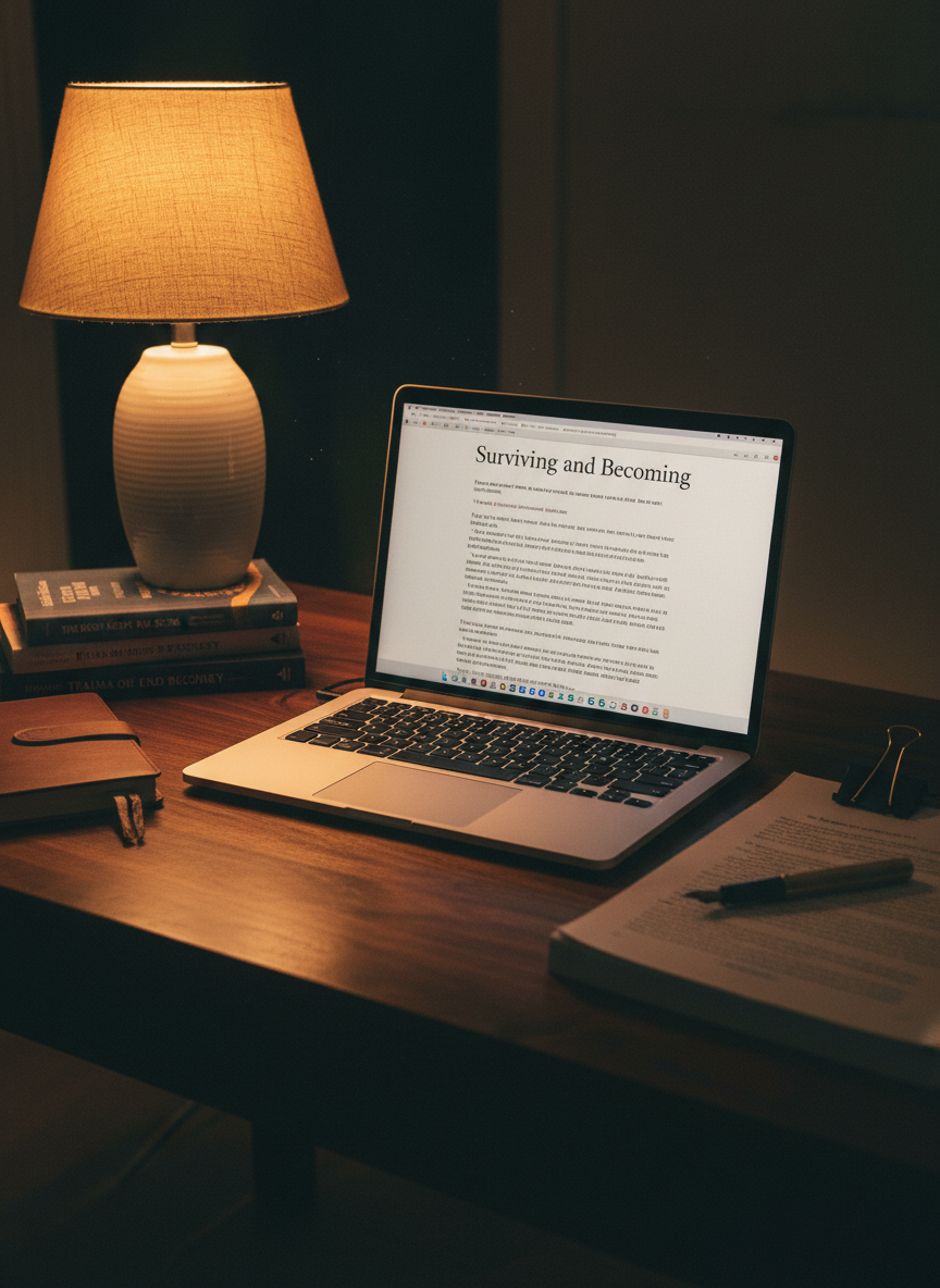 A night-time writing space suggests the creation of a trauma memoir: an open laptop on a walnut desk displaying a softly lit, partially written chapter titled “Surviving and Becoming.” Beside it lies a dog-eared printed manuscript secured with a binder clip, a fountain pen resting diagonally across the top page. A ceramic lamp with a linen shade casts warm, focused light, leaving the rest of the room in gentle darkness. A small stack of mental health reference books and a closed journal with a fabric bookmark anchor the frame. Photographic realism, shot at a three-quarter angle with shallow depth of field, creates an intimate, reflective, and quietly determined atmosphere.