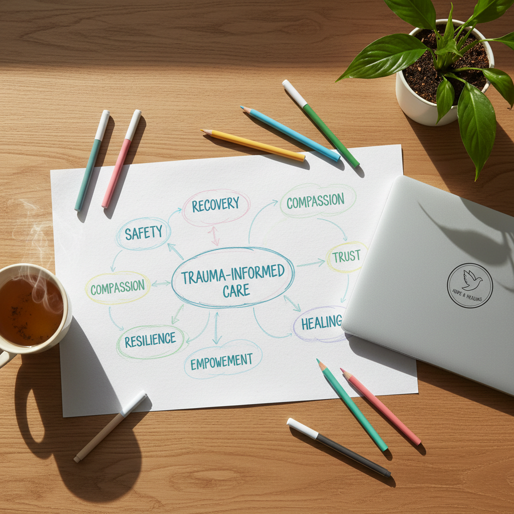 An overhead photographic view of a warmly lit wooden desk featuring a large pastel-colored mind map sketched on textured white paper, with words like “safety,” “recovery,” and “compassion” connected by flowing lines. Surrounding it are scattered colored pencils, a closed laptop with a simple mental health charity logo, a ceramic mug of herbal tea, and a small potted plant with vibrant green leaves. Soft diffused window light falls from the left, casting gentle shadows and emphasizing the paper’s texture. The mood is organized yet creative, suggesting thoughtful planning of trauma-informed care. Shot in photographic realism with a balanced, uncluttered composition and a professional, quietly hopeful atmosphere.