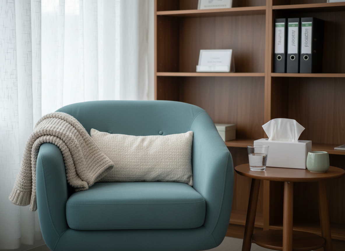 A serene therapy-inspired corner is captured in photographic realism: a plush teal armchair empty of occupants, with a knitted neutral-toned blanket folded over one arm and a small cushion resting at the back. Beside it, a round wooden side table holds a box of neatly arranged tissues, a glass of water, and a small ceramic candle holder unlit for safety. The background reveals softly blurred bookshelves with folders labeled “trauma,” “recovery,” and “creative practice.” Soft overcast daylight filters through sheer curtains, creating even, soothing illumination with minimal shadows. Framed using the rule of thirds at eye level, the scene feels safe, professional, and warmly inviting, evoking compassionate mental health support without showing any people.