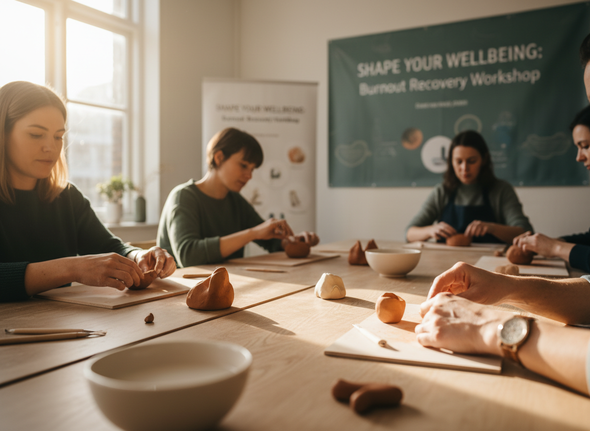 Photographic-style image of a diverse group of adults’ hands gently shaping clay at a shared table during a mental-health-aware, trauma-informed workplace burnout workshop. Simple tools, small clay pieces, warm neutral colours, and soft natural light. Atmosphere is calm, grounded, professional, and supportive rather than clinical.