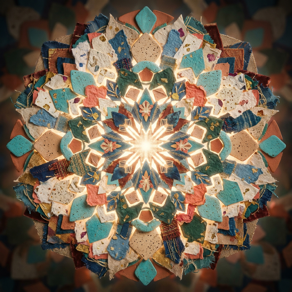 Symmetrical mandala made from various colorful fabric swatches with central glowing light